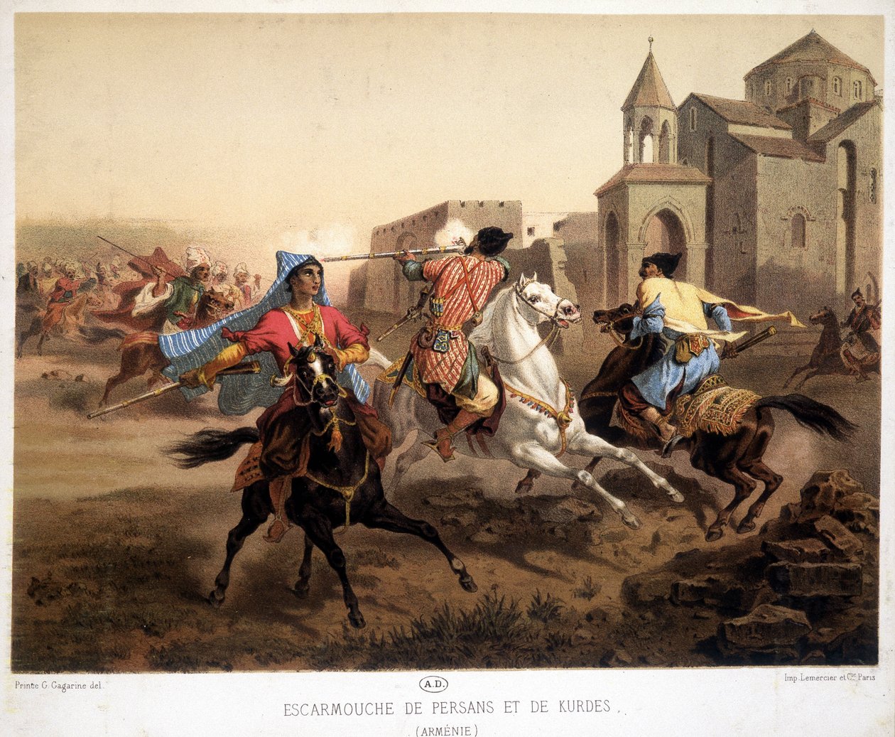 Escarmouche entre Persans et Kurdes en Arménie - lithographie - French School