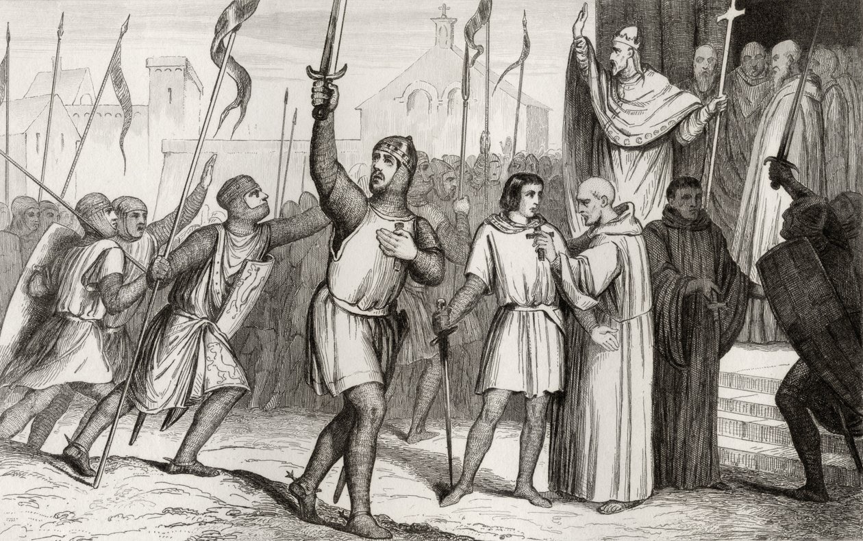 Philippe I (1052-1108) et le pape Urbain II (c.1035-99) rallient des partisans pour la Première Croisade en 1095, de 