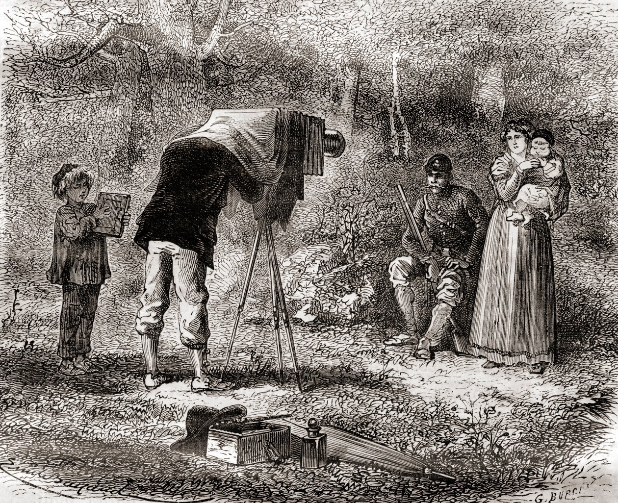 Photographie au 19ème siècle, extrait de Les Merveilles de la Science, publié vers 1870 (gravure) - French School