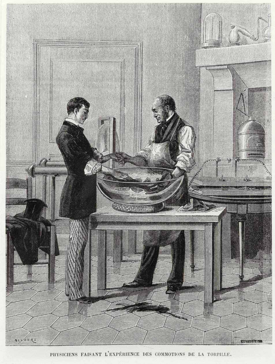 Physiciens expérimentant sur une torpille, 2e moitié du XIXe siècle - French School