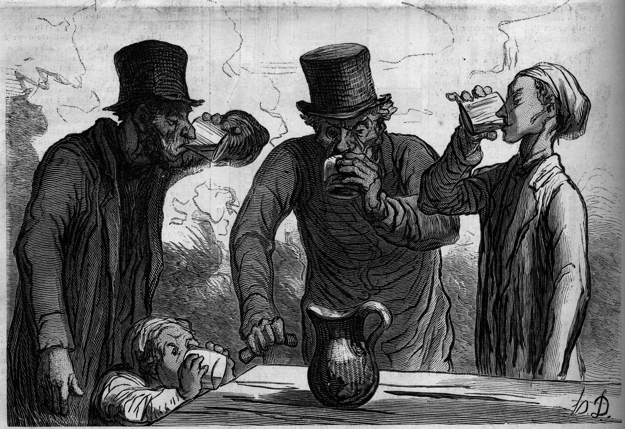Physiologie du buveur : les quatre âges. Caricature par Honoré Daumier. Gravure dans « Le Monde Illustré » n°289 du 25 octobre - French School