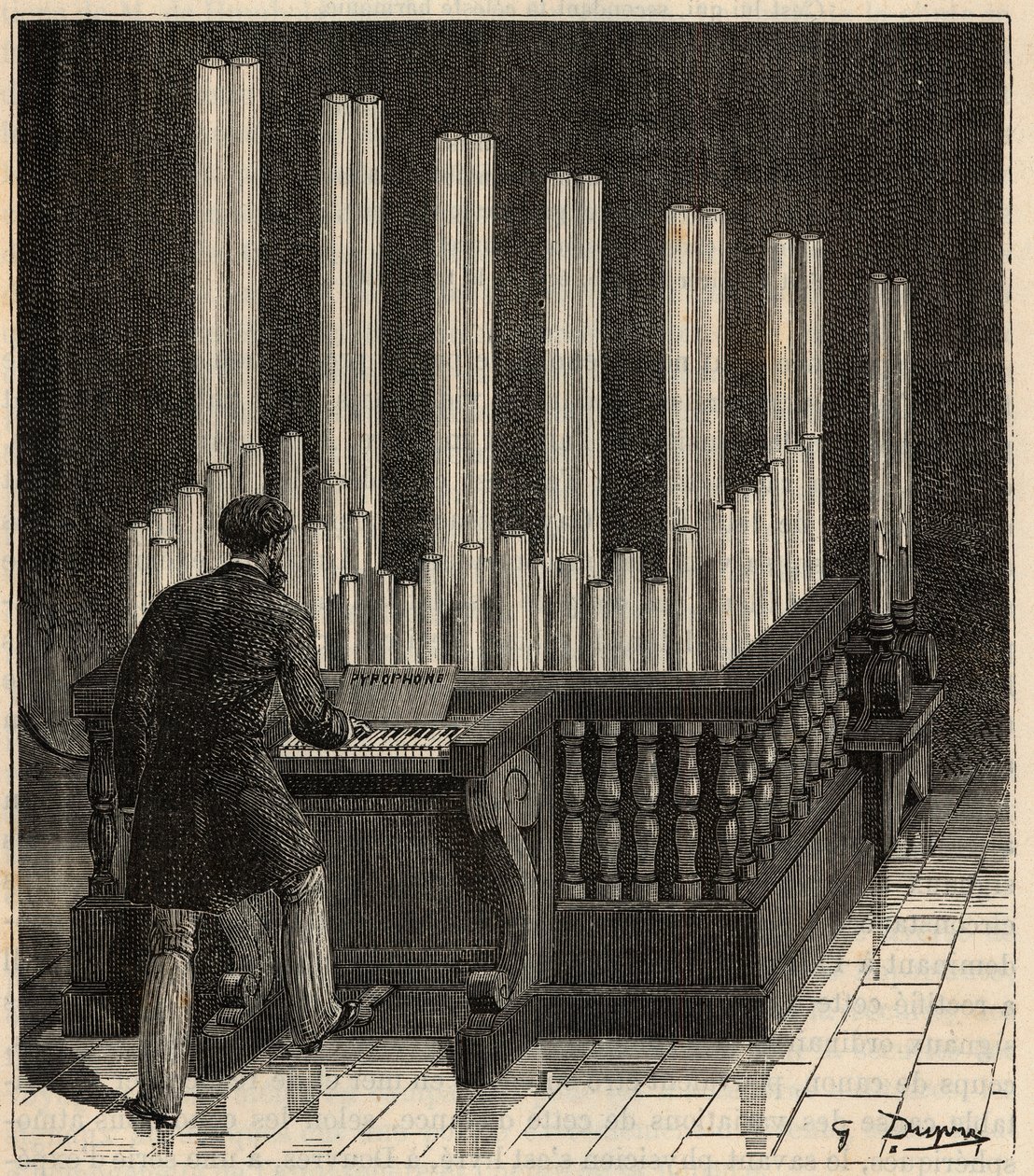 Piano à gaz - (Orgue à gaz) Pyrophone (orgue à feu/explosion) (calliope à feu/explosion) Gravure dans «Sciences à la portée de tous - Physique et chimie populaires» par Alexis Clerc - Fin du 19e siècle - Collection privée - French School
