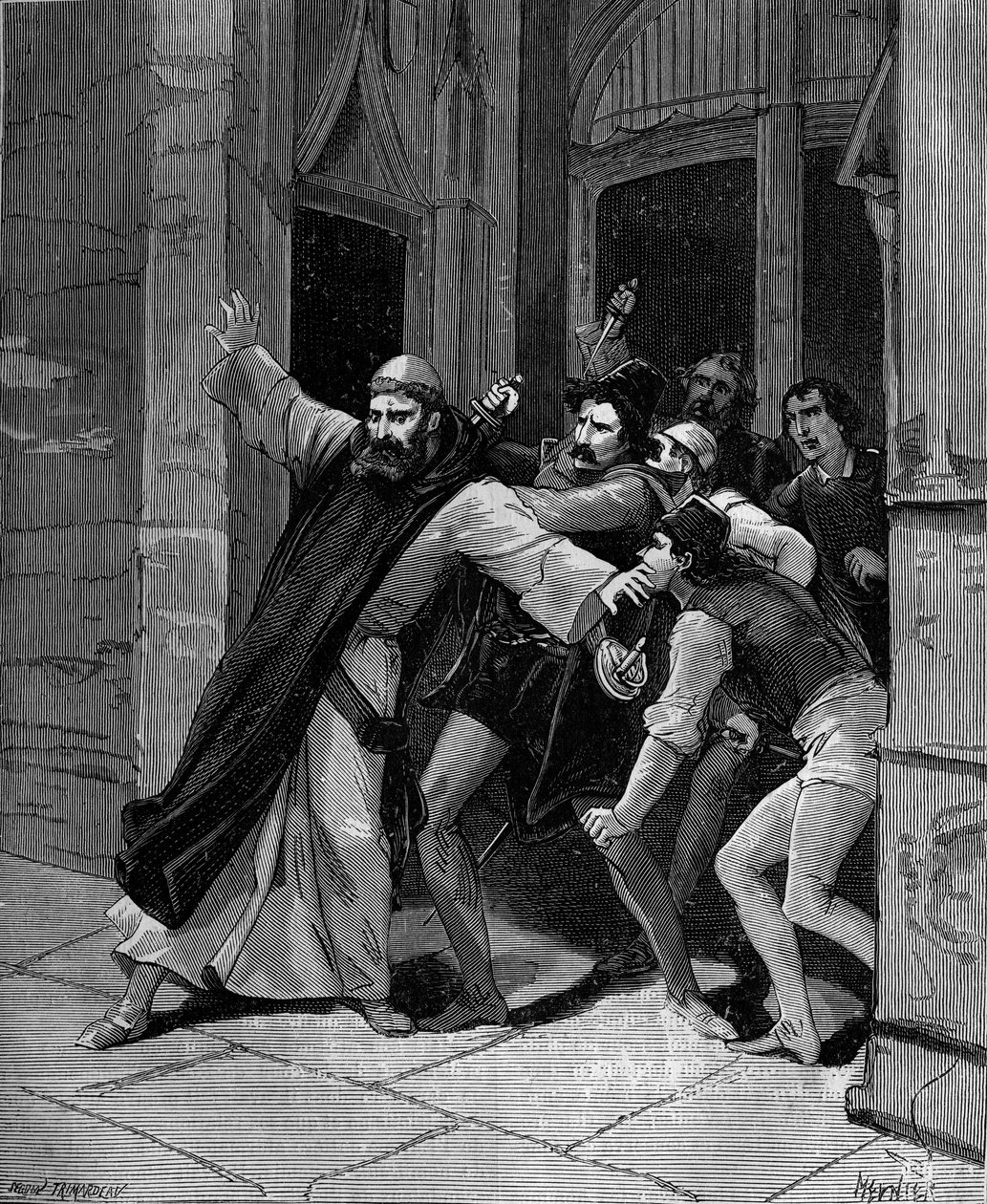 Pietro Paolo Sarpi, connu sous le nom de Fra Paolo, historien vénitien blessé par des assassins le 5 octobre 1607 à Venise - French School