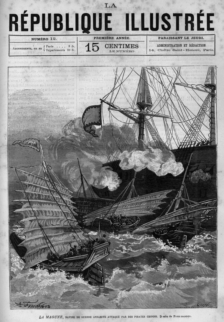 Piratage : le navire de guerre annamite « La Magune » attaqué par des pirates chinois. Un journal. Gravure de 1880 dans « La république illustrée » collection privée. - French School