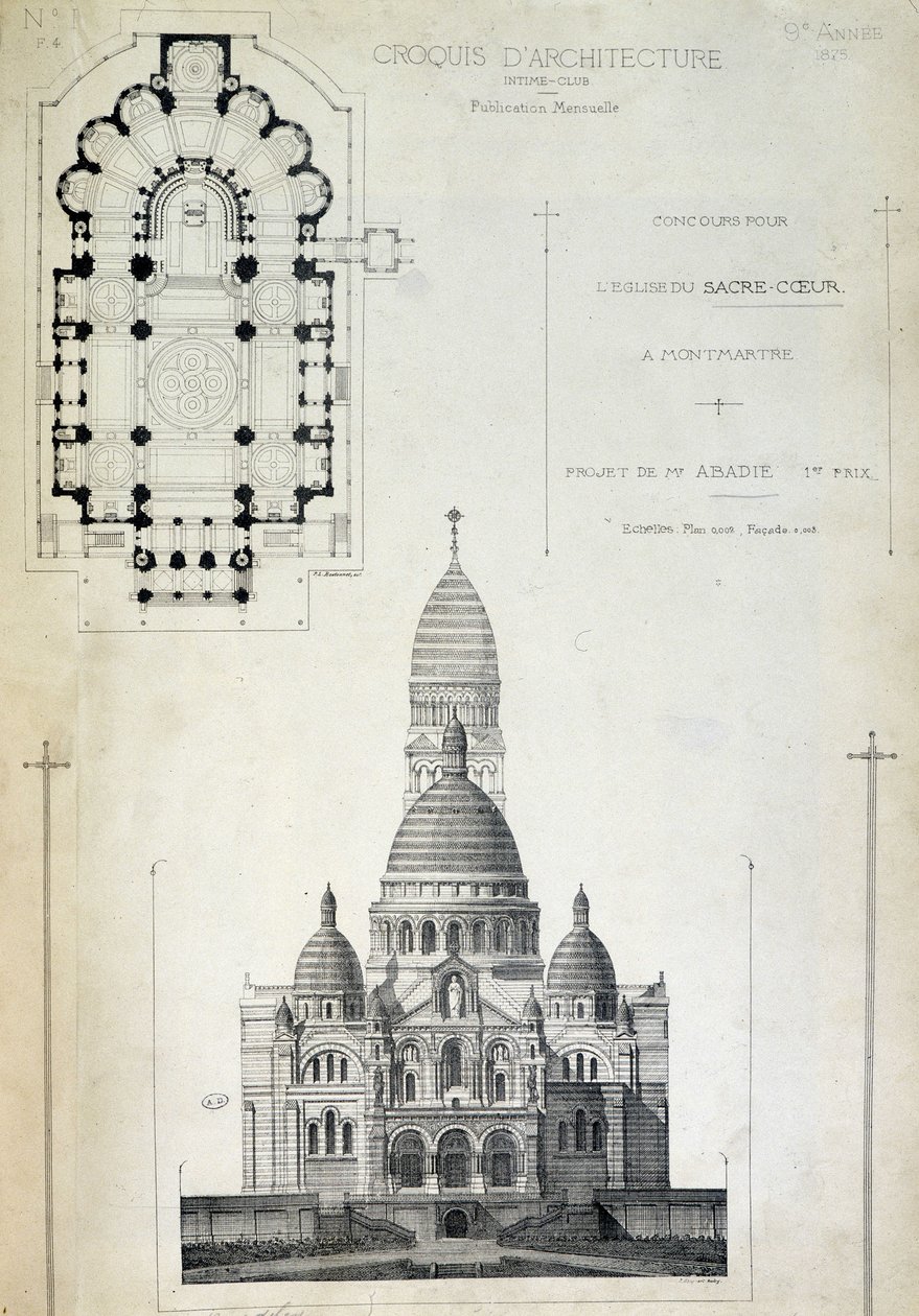 Plan et élévation du Sacré-Cœur, projet de M. Abadie, fin 19e siècle - French School