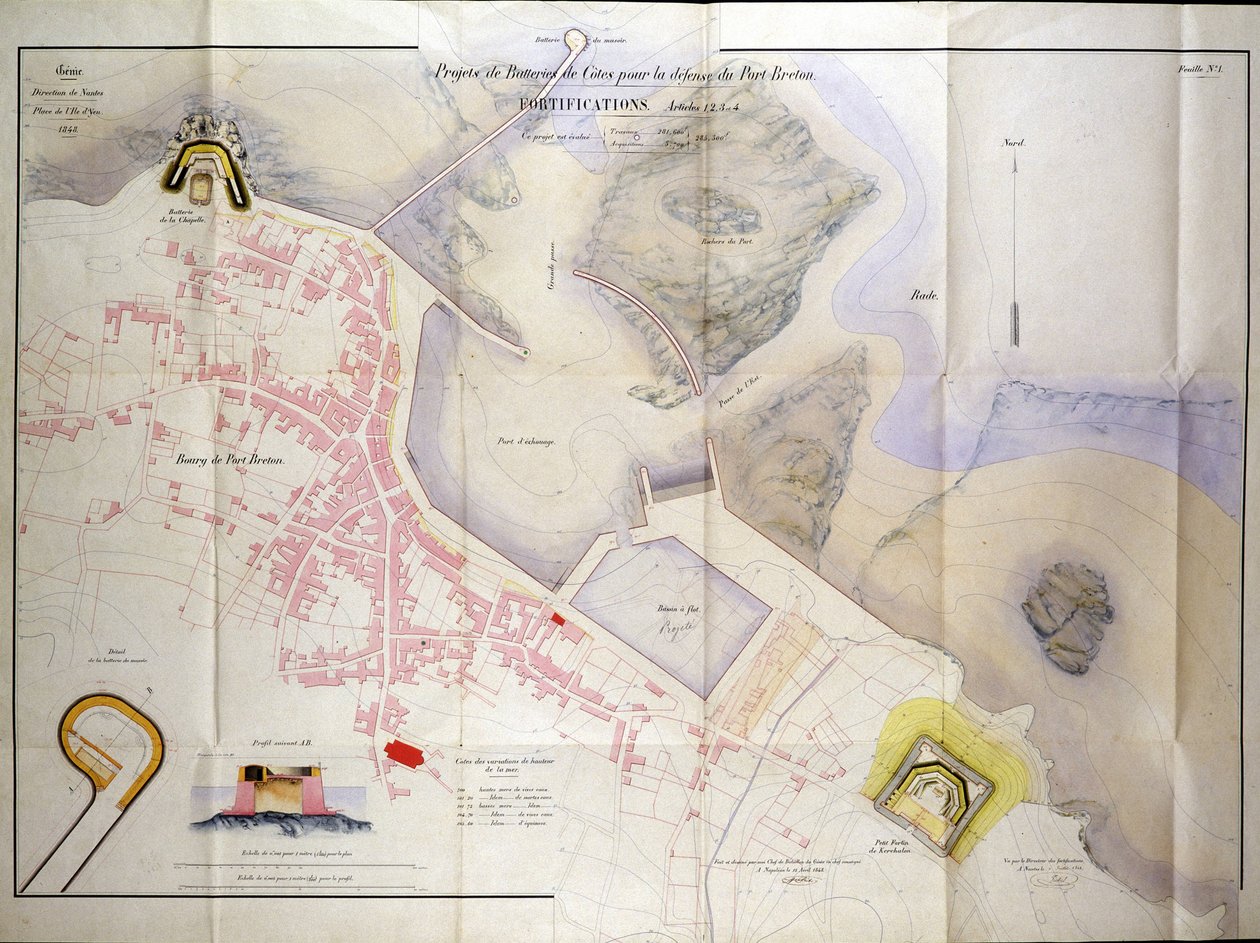 Plan pour la construction des batteries côtières pour la défense du port breton en 1848 - French School