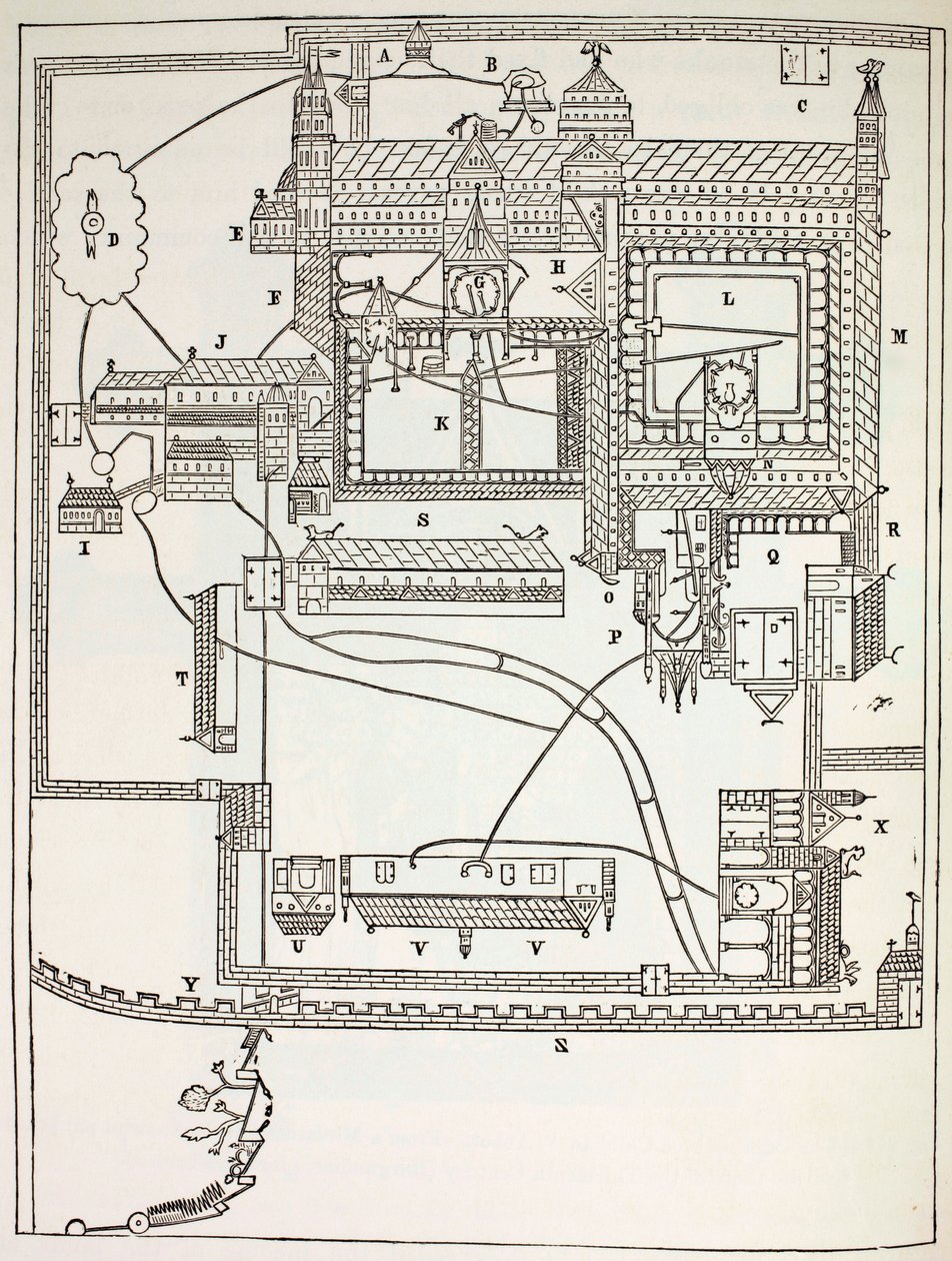 Plan du monastère bénédictin de Canterbury au XIIe siècle, de la Vie militaire et religieuse au Moyen Âge par Paul Lacroix, publié à Londres vers 1880 - French School
