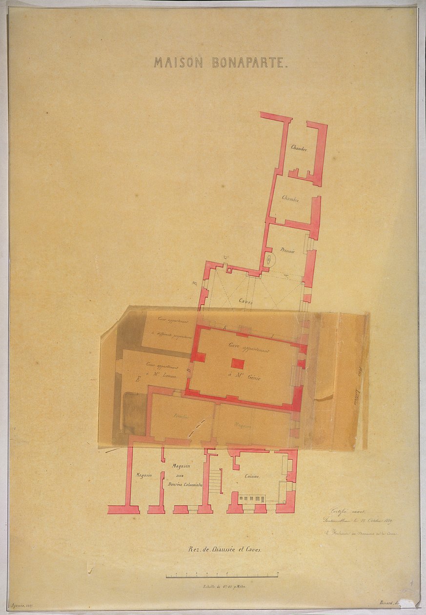 Plan du rez-de-chaussée et des caves de la maison à Ajaccio, Corse où Napoléon Bonaparte (1769-1821) est né, 1837 - French School