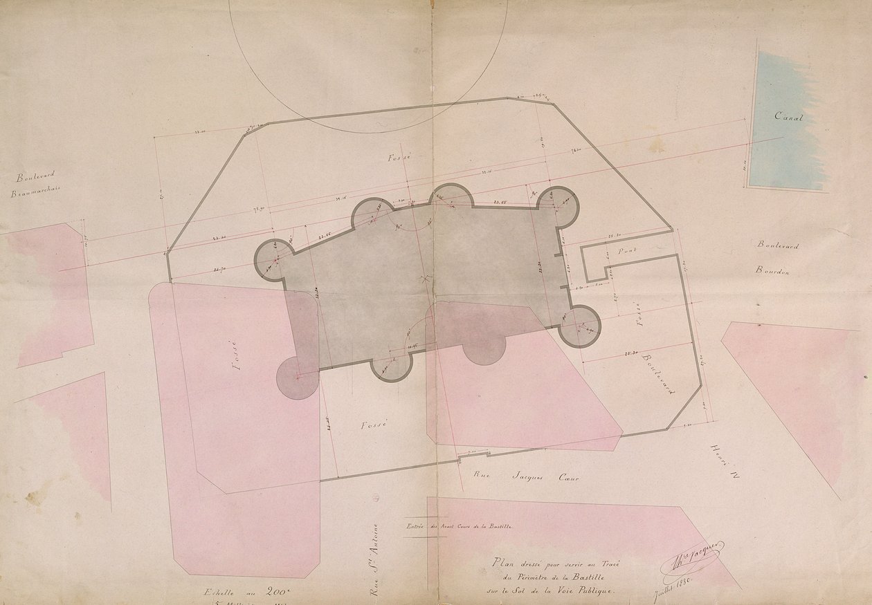 Plan montrant les lignes de périmètre de la Bastille, 1830 - French School