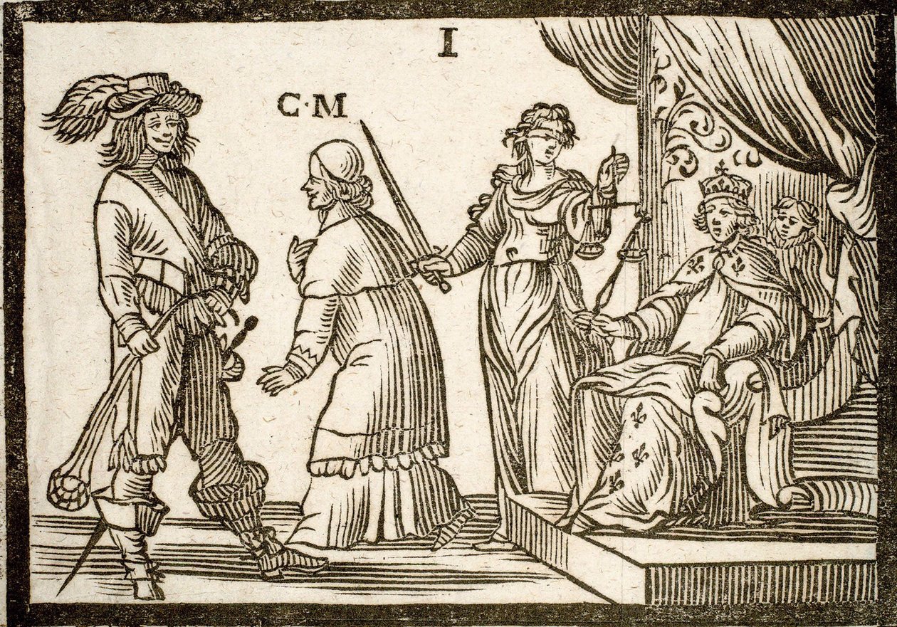 Pamphlets politiques Mazarinade : Mazarin banni par la Justice et la Fronde, quitte le Roi (Louis XIII). Gravure sur bois 1651. - French School