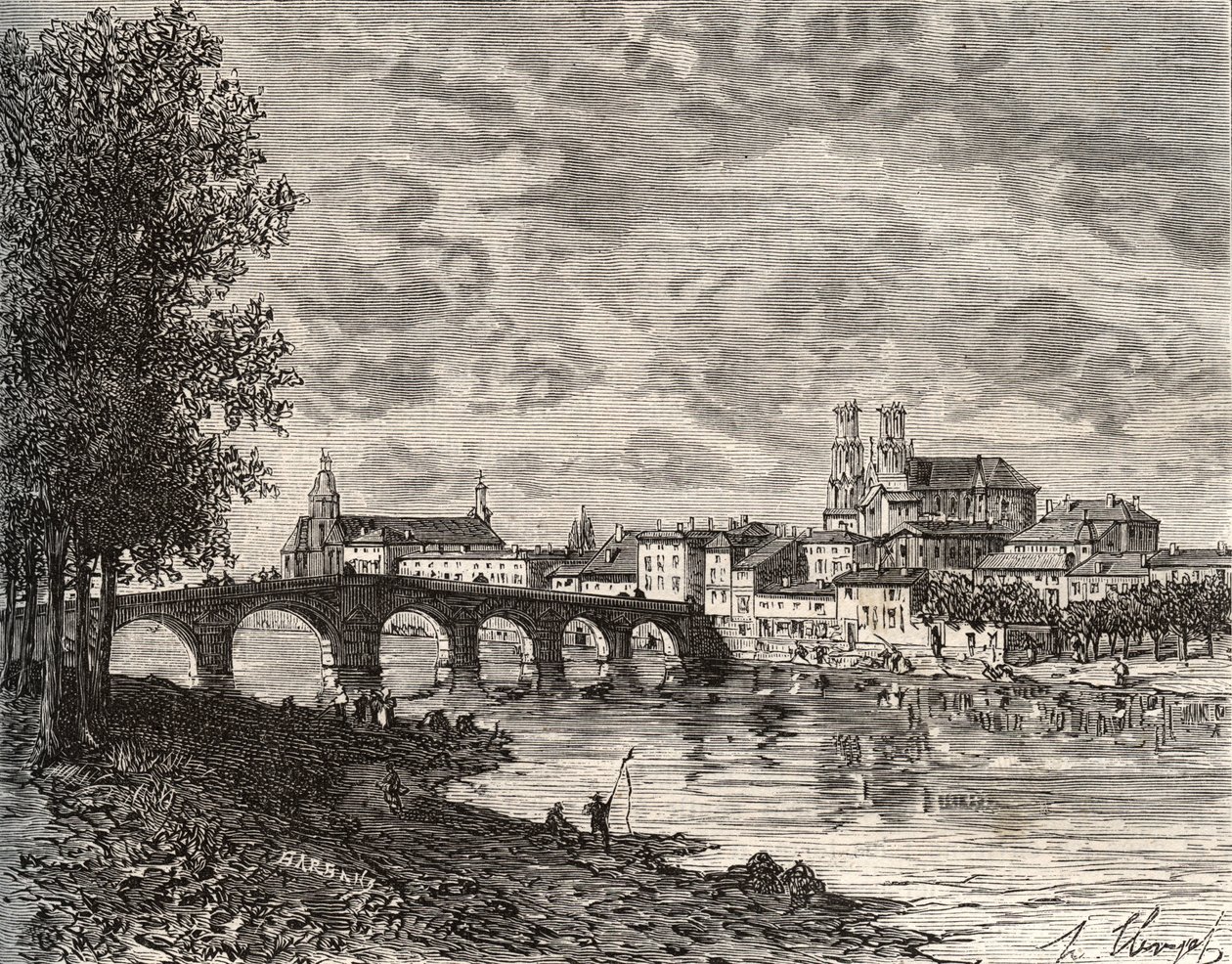 Pont-à-Mousson - Meurthe-et-Moselle - gravure dans « La France illustrée : géographie, histoire, administration statistique » par V.-A. Malt-Brown. 1884 - French School
