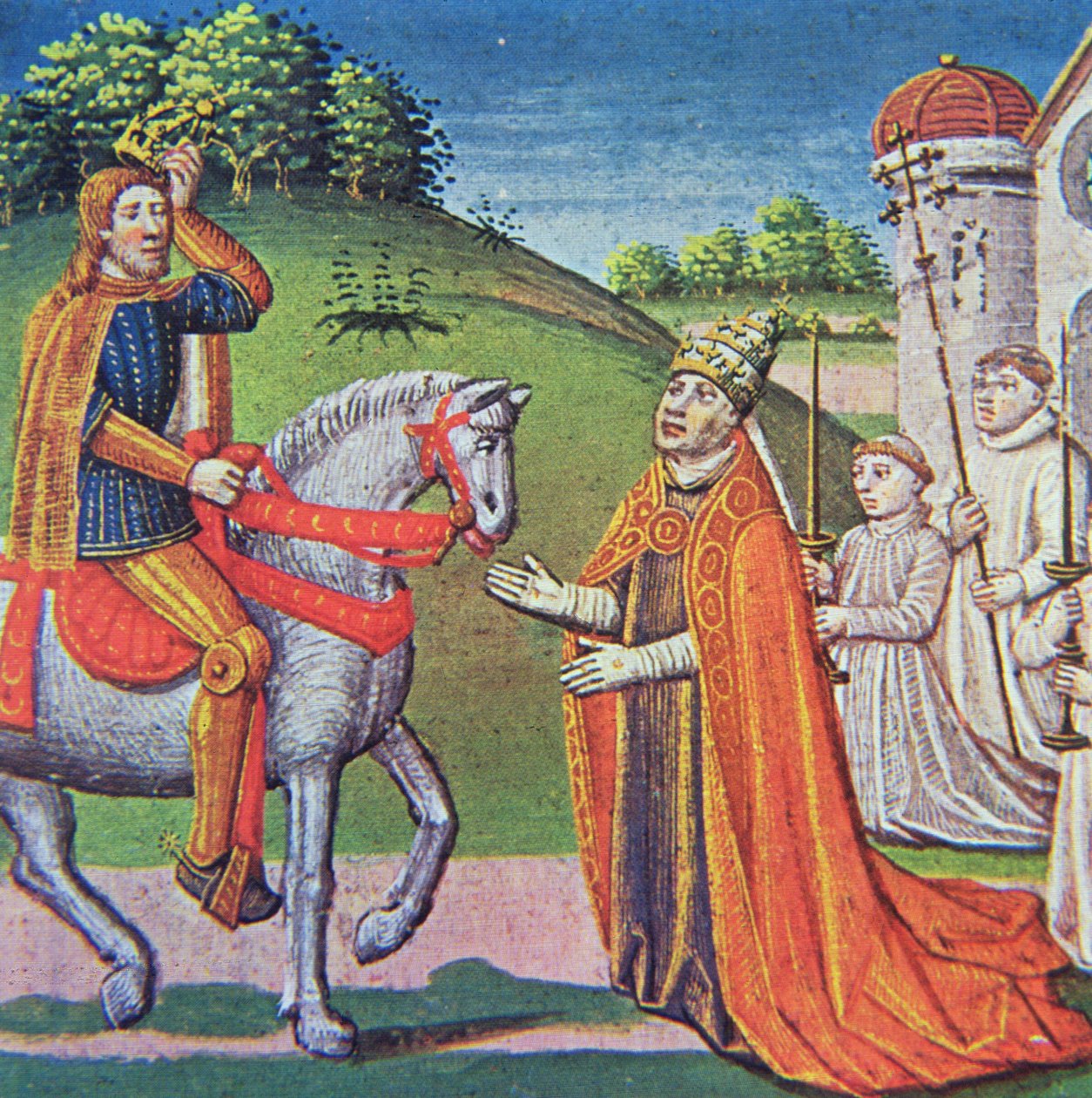 Le pape Adrien I rencontrant Charlemagne, miniature tirée des 