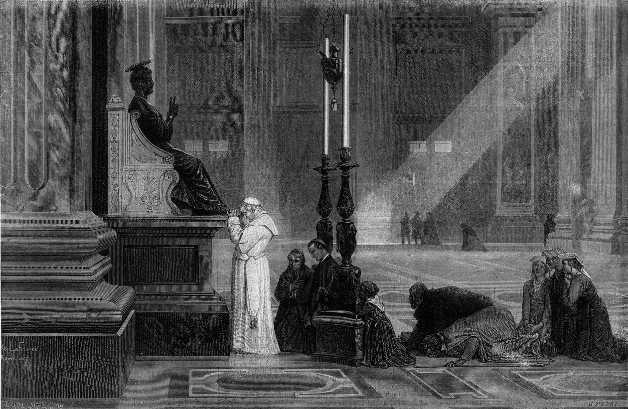 Le Pape Pie IX (1792-1878) priant près de la statue de Saint Pierre dans la Basilique Saint-Pierre de Rome. Gravure de "Rome : description et souvenirs" par Francis Wey, années 1870. - French School