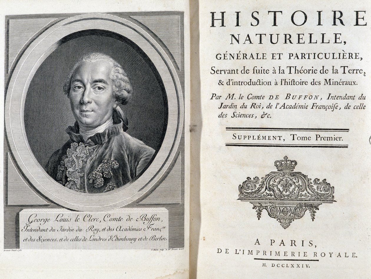 Portrait et page de titre de « Histoire naturelle, générale et particulière » de Buffon - French School