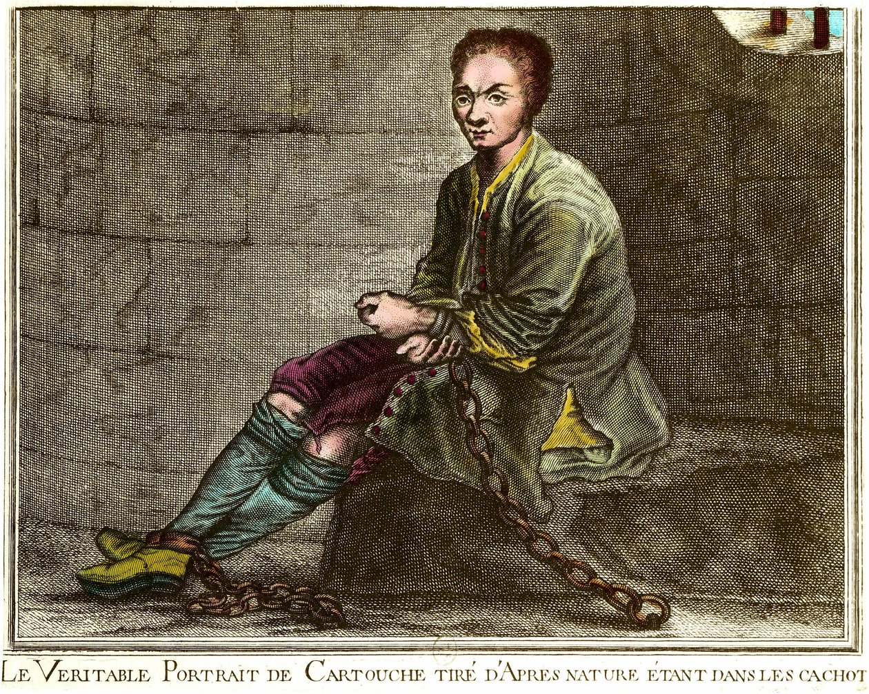 Portrait en pied de Louis Dominique Cartouche (1693-1721), brigand français dans son cachot Gravure du 18ème siècle Collection privée - French School