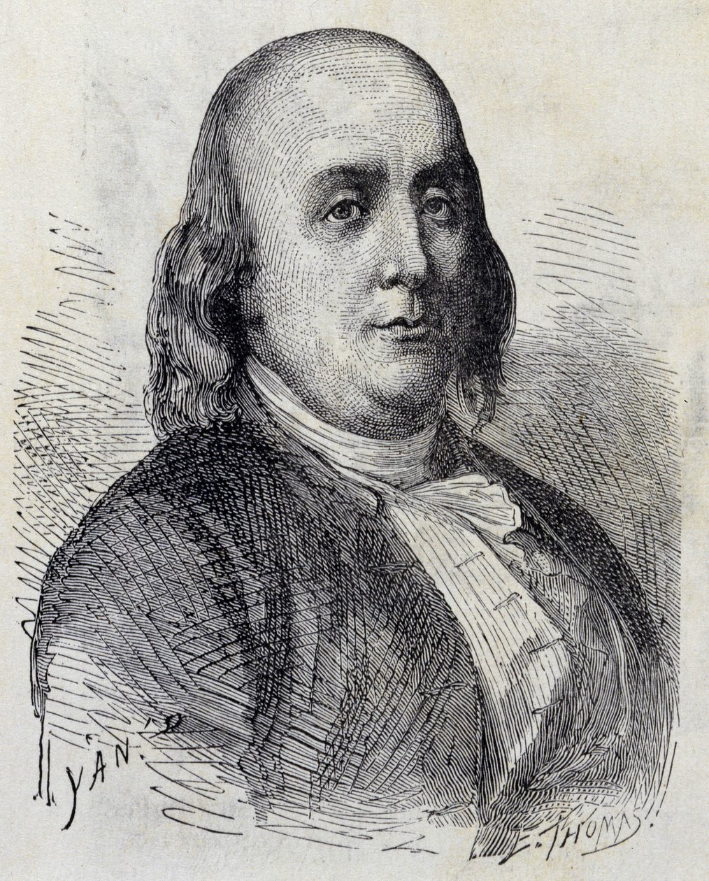 Portrait de Benjamin Franklin (1706 - 1790), homme politique américain, mémorialiste, pamphlétaire et physicien - dans "Album de la Science; savants illustres; Grandes découvertes" 1896. - French School