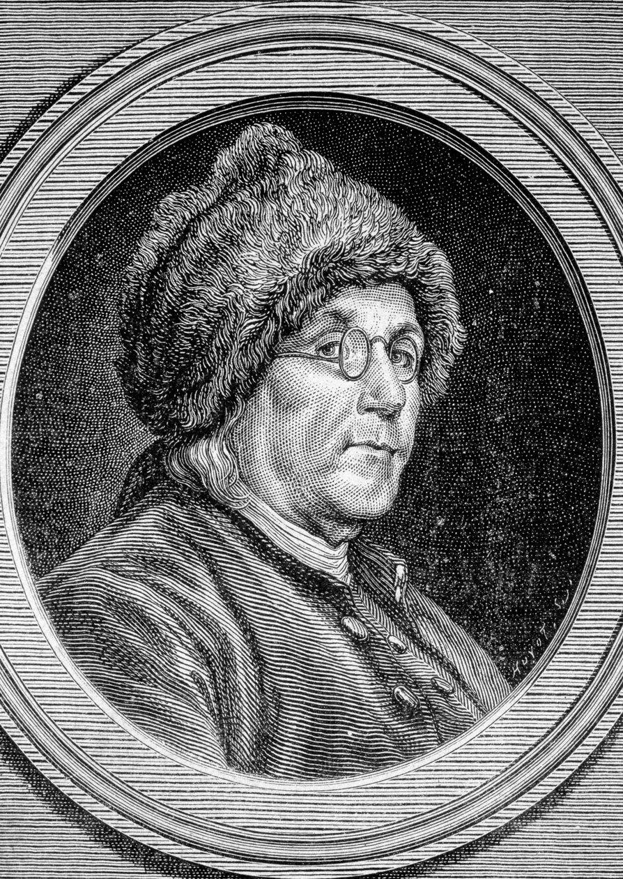 Portrait de Benjamin Franklin, homme politique, mémorialiste, pamphlétaire et physicien américain - dans « Album de la Science; savants illustres; Grandes découvertes » 1896. - French School