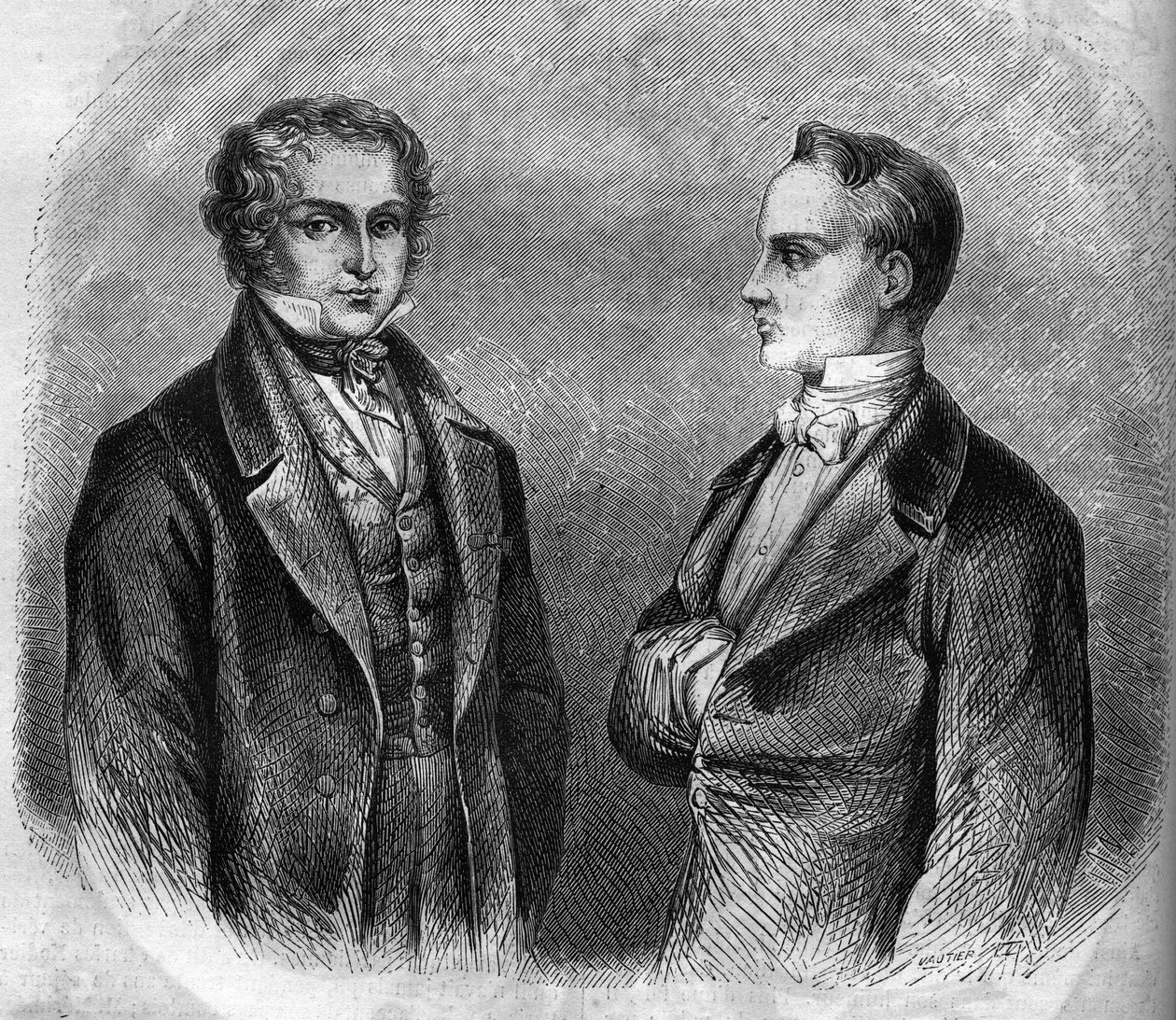 Portrait de Charles Nodier (1780-1844) et Prosper Mérimée (1803-1870), écrivains français. Gravure de 1866-1867. - French School