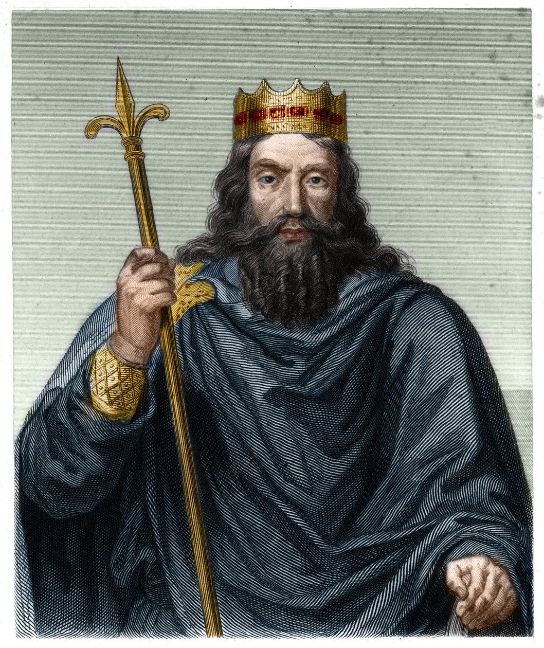 Portrait de Clovis I (v. 466-511), roi des Francs - dans "Histoire des Français" par Lavallée, gravure, sd - French School