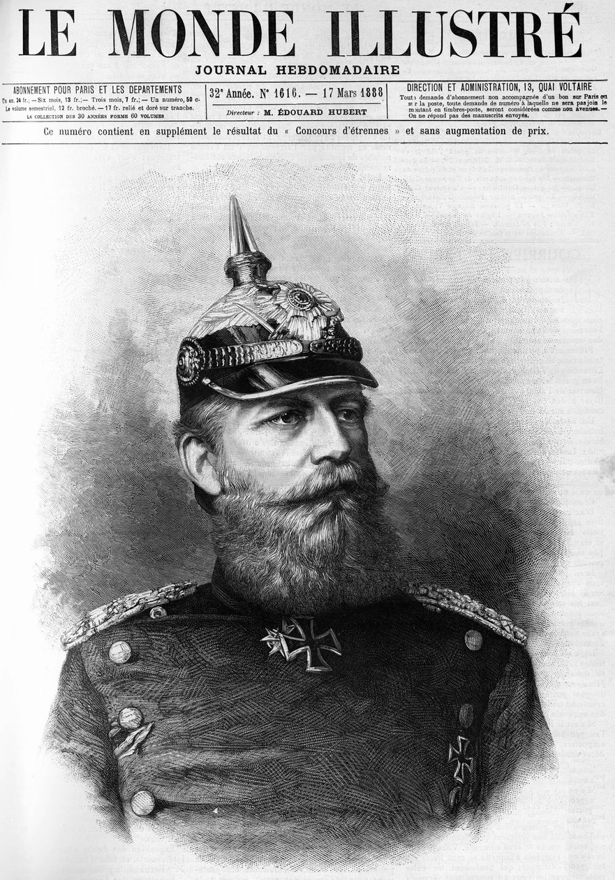 Portrait de Frédéric III de Prusse (1831-1888) dans "Le Monde Illustré" en 1888. - French School