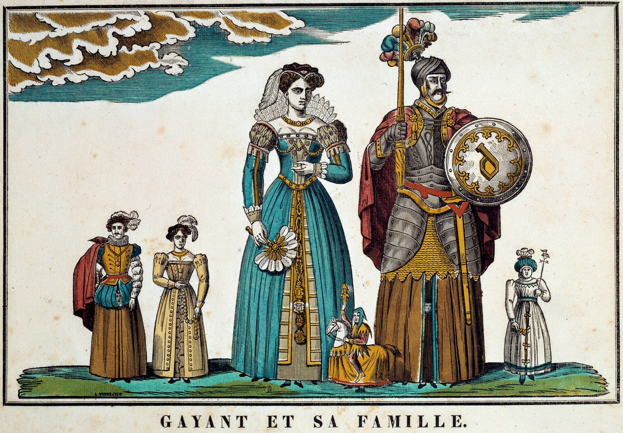 Portrait de Gayant, un géant symbolisant la ville de Douai, représenté avec sa famille : sa femme, Marie Cagenon, et ses trois enfants, Jacquot, Fillon et Binbin. Gravure du XVIIIe siècle, imagerie par Belfort. Collection Ferrand - French School