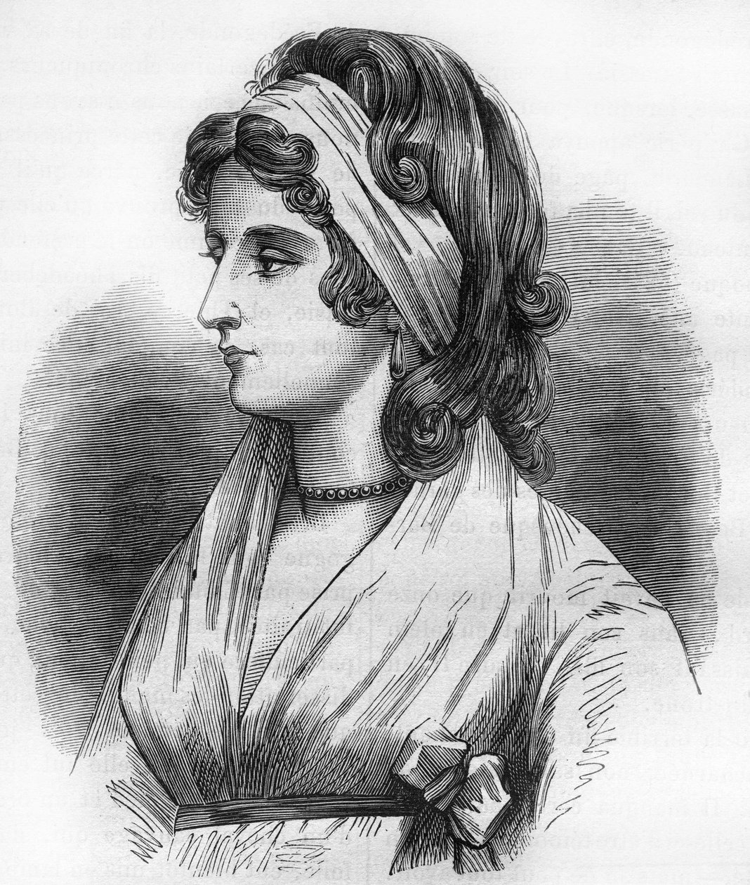 Portrait de Lady Hamilton (Emma Lyons) (1765-1815) maîtresse de Horatio Nelson dit Amiral Nelson (1758-1805). Gravure dans « L