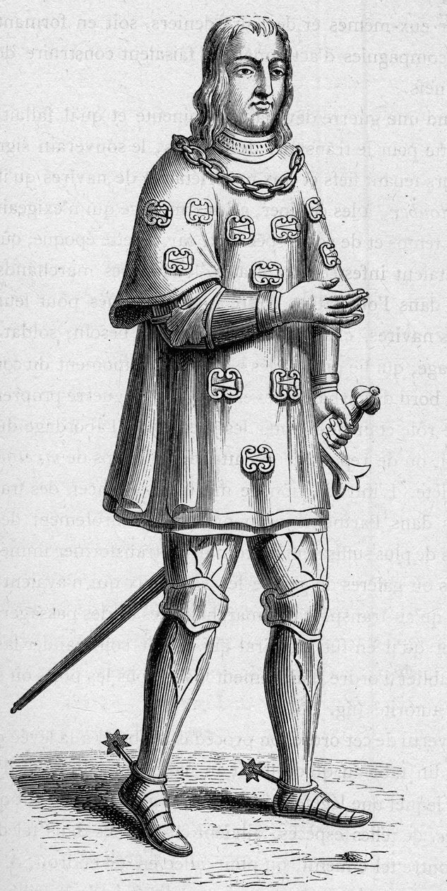 Portrait de Louis de Malet, seigneur de Graville (ca. 1441-ca. 1519), amiral de France en 1487, en costume de guerre et de tournoi. Gravure dans "La Marine et les colonies: commerce" - French School
