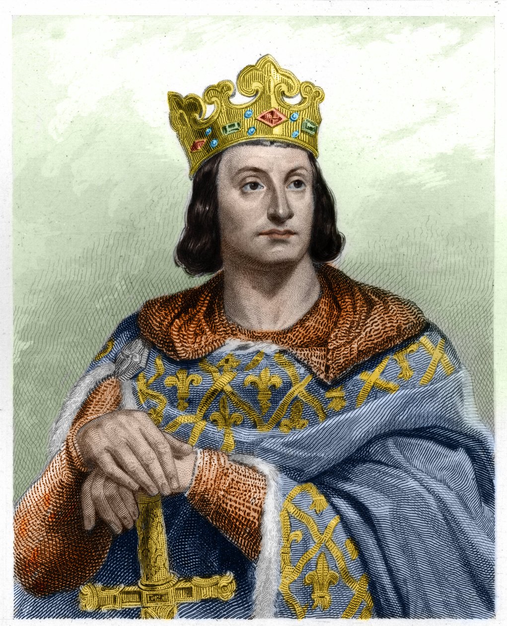 Portrait de Philippe II dit Philippe Auguste (1165-1223), Roi de France - dans « Histoire des Français » par Lavallée, gravure, sd - French School