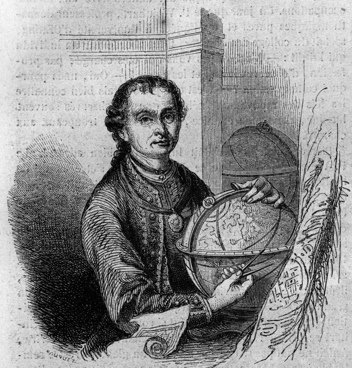 Portrait de Pierre Anich (1723-1766), astronome et cartographe tyrolien, tenant un globe et un compas. Gravure dans "Le Magasin pittoresque" - French School