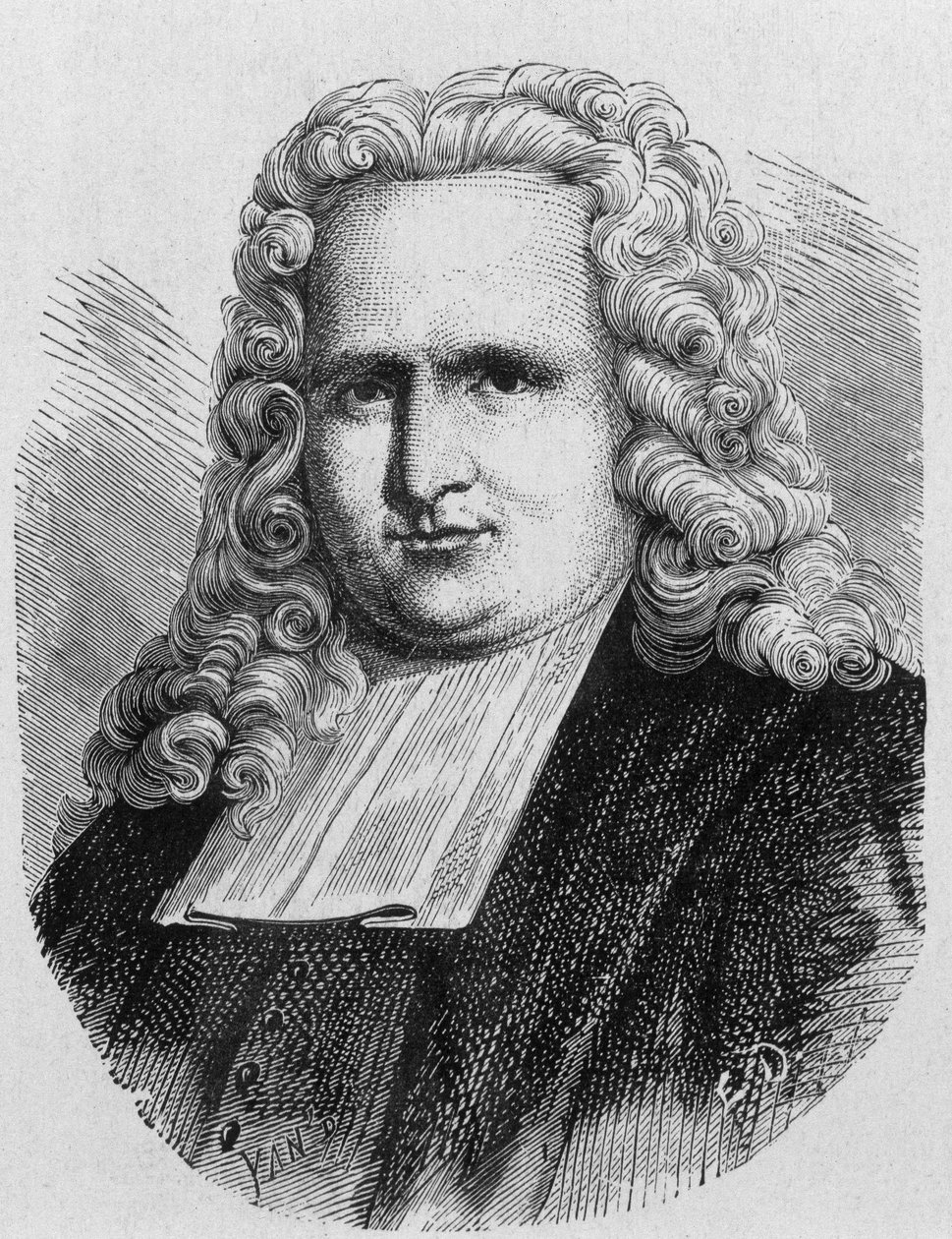 Portrait de Pieter (Petrus, Pierre) van Musschenbroek (1692 - 1761), physicien néerlandais, inventeur en 1745 du premier condensateur électrique (bouteille de Leyde) - dans « Album de la Science ; savants illustres ; Grandes découvertes » 1896 - French School