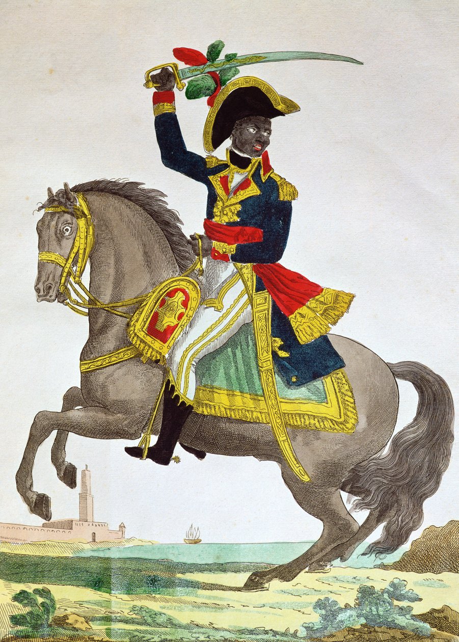 Portrait de Toussaint Louverture (1743-1803) à cheval, début du 19ème siècle (gravure en couleur) - French School