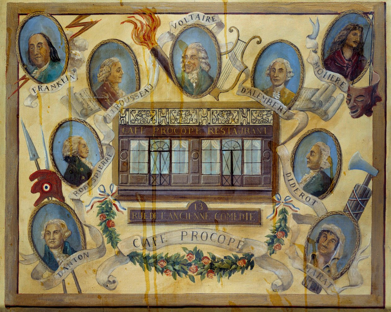 Portrait de figures historiques et vue du café parisien Le Procope : Benjamin Franklin, Jean Jacques Rousseau, Voltaire, Jean D