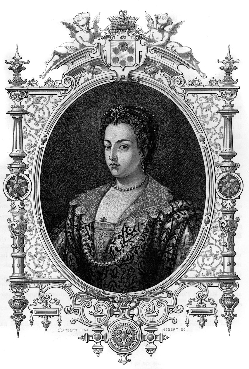 Portrait de la Vénitienne Bianca Cappello (1548 - 1587), épouse de François de Médicis. Gravure de 1862 dans "Les Reines du Monde" par nos premiers écrivains. Livre publié sous la direction de J. G. D. Armengaud - French School