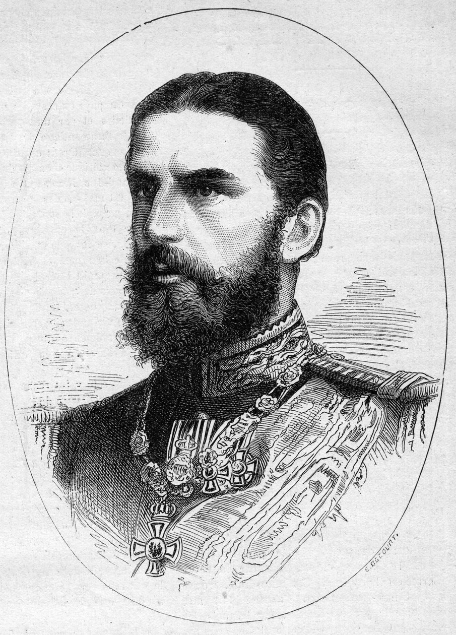 Portrait du prince de Roumanie Charles de Hoenzolern Sigmaringer (1839-1914), futur roi sous le nom de Charles Ier (Carol Ier). Gravure dans « Le Monde Illustré » n°1054 du 23 juin 1877 - French School