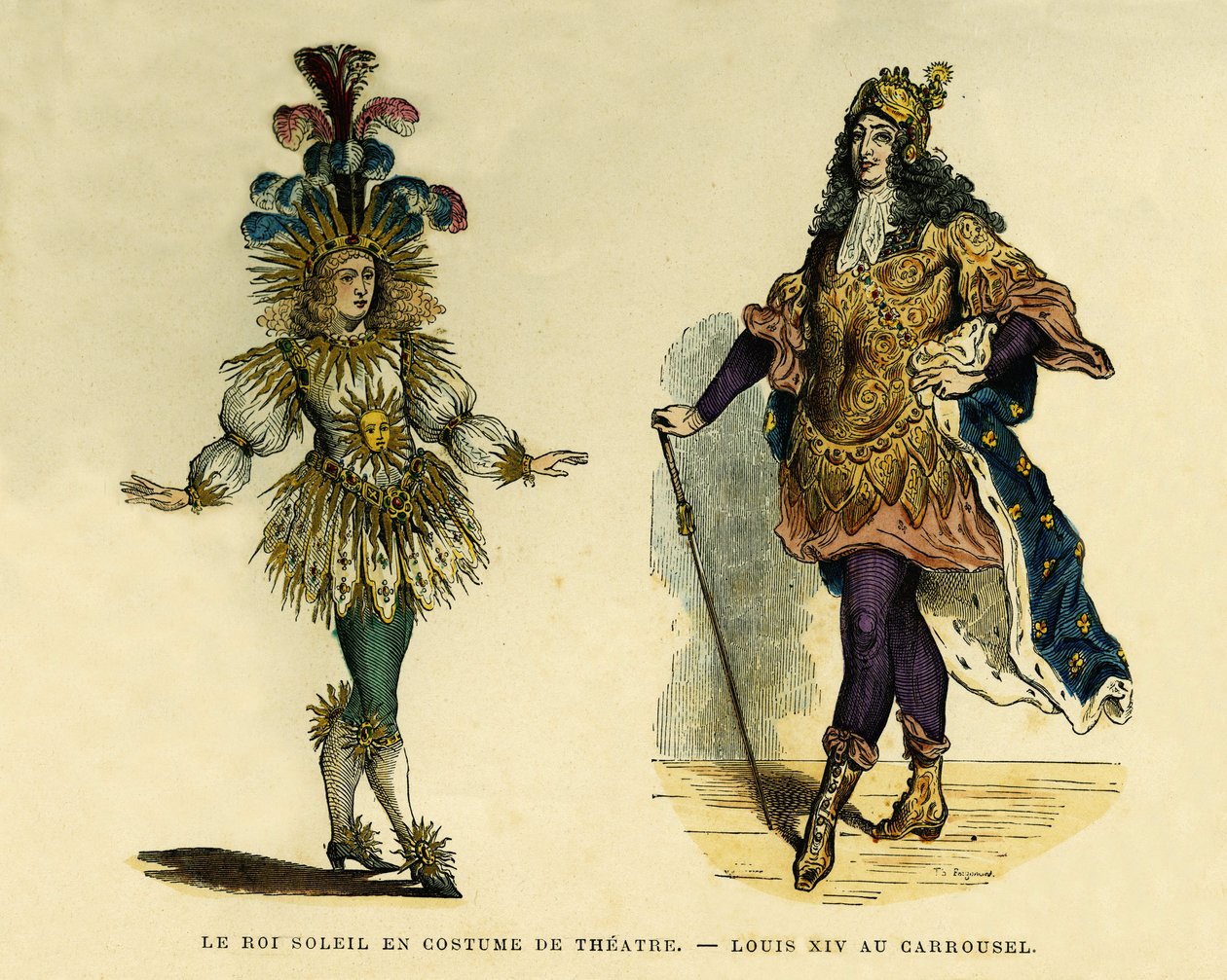 Portraits du roi Louis XIV (1638-1715), en costume de théâtre et de carrousel. Gravure en couleurs, dans "France et les français à travers les siècles" par Augustin Challamel, F.Roy éditeur, Paris 1882. Collection Selva - French School