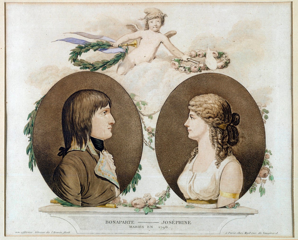 Portraits de Napoléon Bonaparte (1769-1821) et Joséphine de Beauharnais (1763-1814) mariés en 1796. Aquarelle anonyme vers 1800. - French School