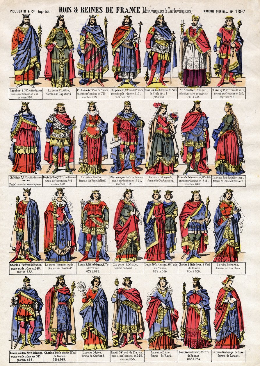 Portraits des rois et reines de France de la dynastie des Mérovingiens et Carolingiens. Imagerie d