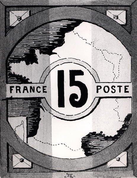 Timbre-poste représentant une carte de la France, fin du XIXe siècle (lithographie) - French School