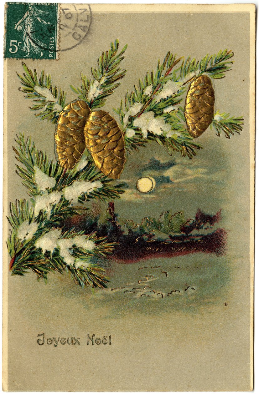 Carte postale : Joyeux Noël (papier imprimé en chromolithographie, embossé et doré) - French School