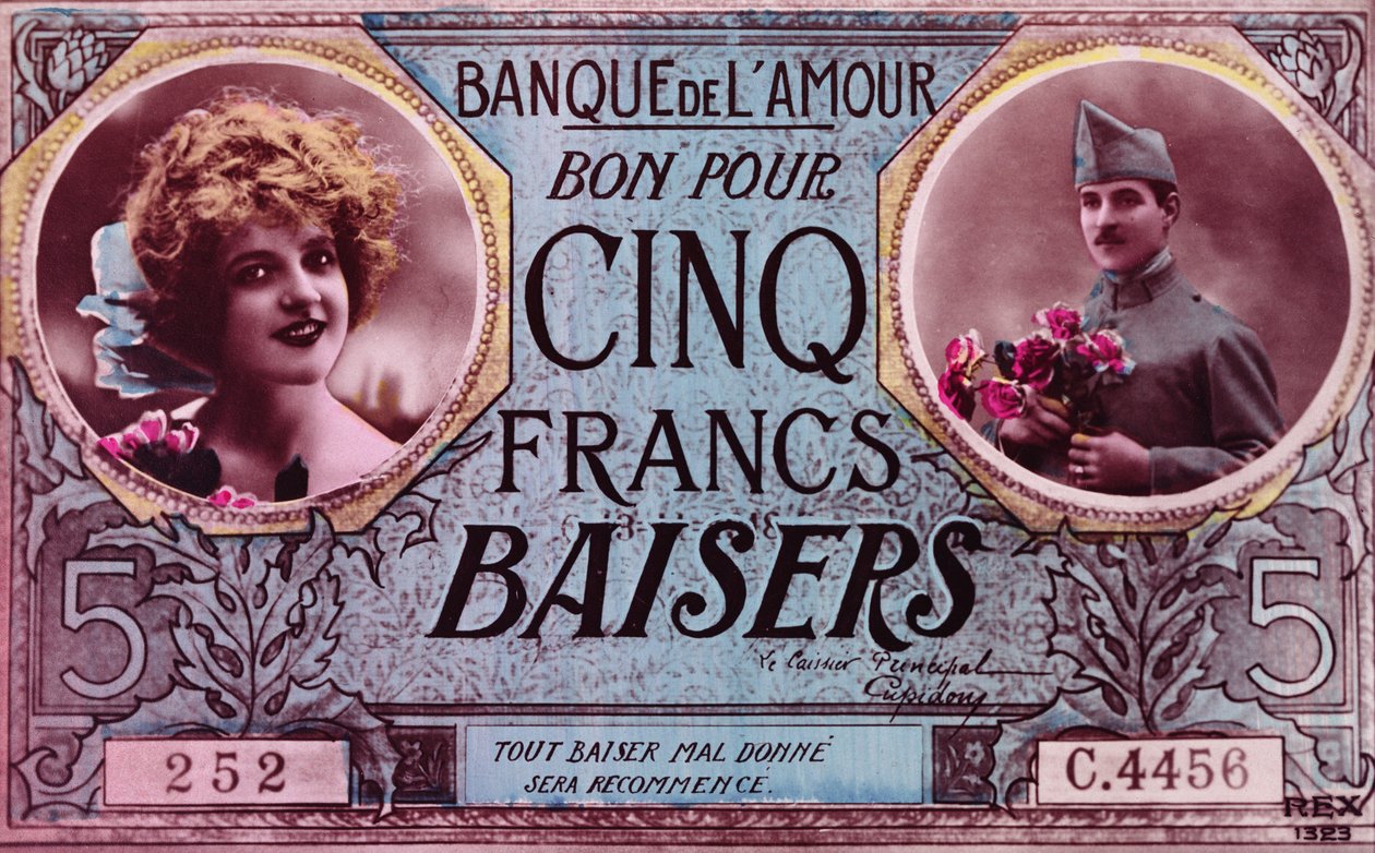 Carte postale sous forme de bon pour cinq baisers francs de la Banque de l