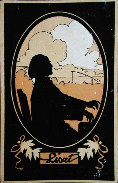 Carte postale de Franz Liszt (1811-86) avec la campagne hongroise en arrière-plan, vers 1910 - French School