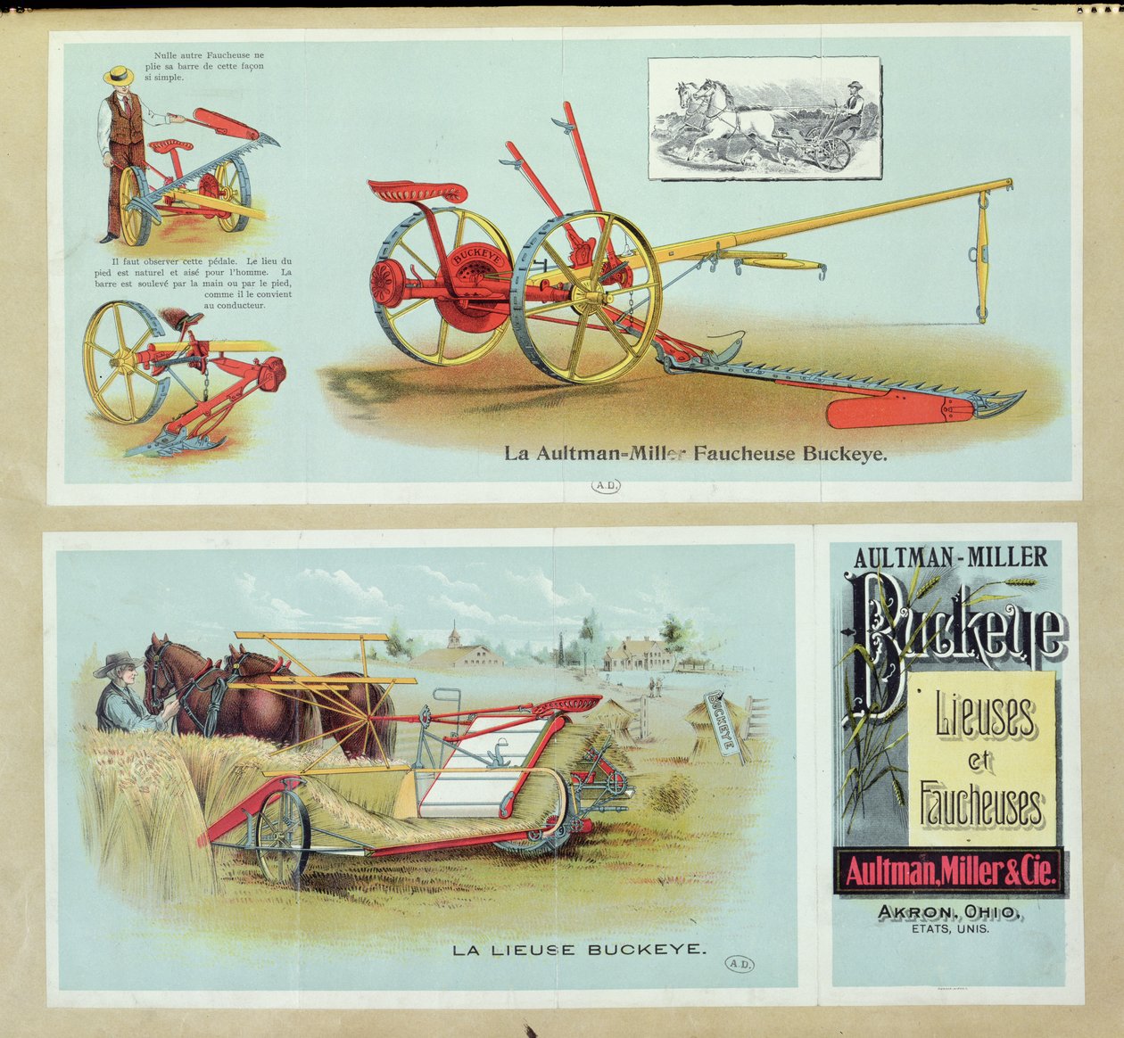 Affiche publicitaire pour les lieuses et moissonneuses Aultman-Miller Buckeye, fin 19e siècle - French School