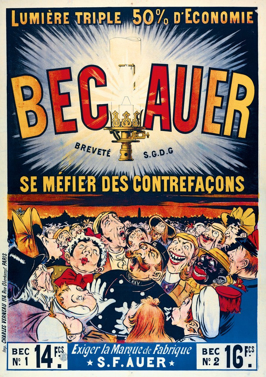 Affiche publicitaire pour les lampes à pétrole Becauer, imprimée par Charles Verneau, 1890 - French School