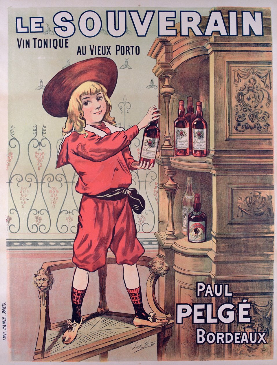 Affiche publicitaire pour Le Souverain, vin tonique français fabriqué par Paul Pelge - French School