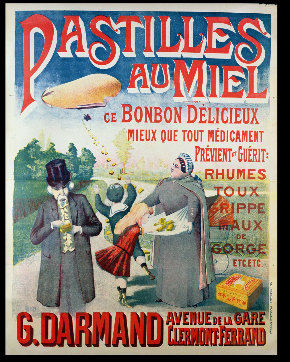 Affiche publicitaire pour les Pastilles au Miel, fabriquées par G. Darmand - French School