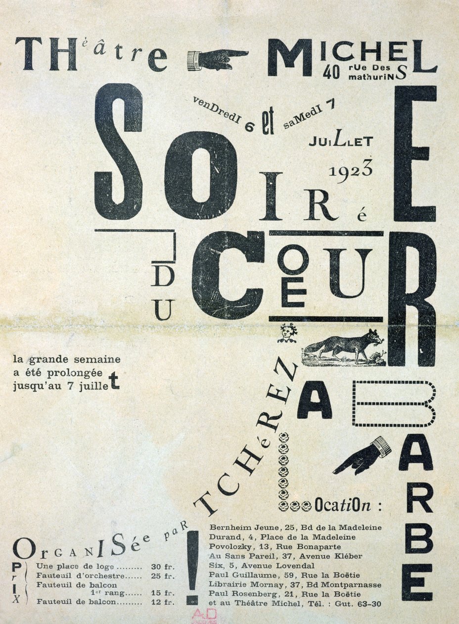 Affiche publicitaire pour la Soirée du Coeur à Barbe au Théâtre Michel les 6 et 7 juillet 1923 - French School