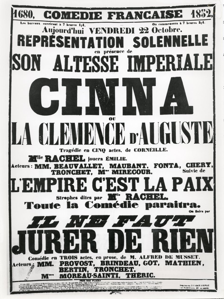 Affiche publicitaire pour une représentation à la Comédie-Française le 22 octobre 1852, de la tragédie de Corneille, Cinna, suivie d