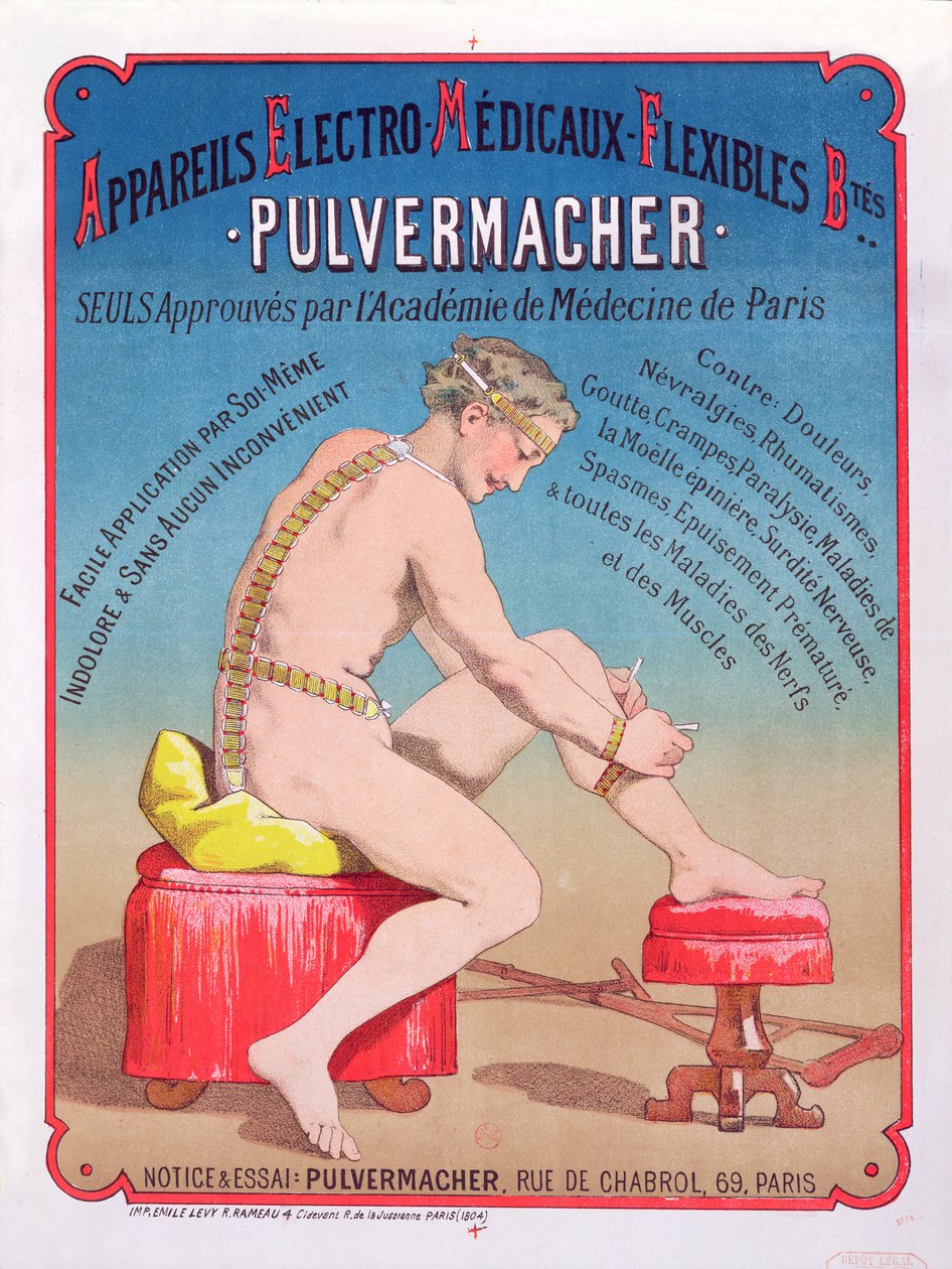 Affiche publicitaire pour une machine de massage et de stimulation électro-médicale Pulvermacher, 1884 - French School