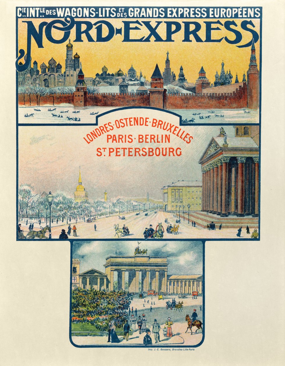 Affiche publicitaire pour la Compagnie des Wagons-Lits et des Grands Express Européens, Londres à Saint-Pétersbourg, début du XXe siècle - French School