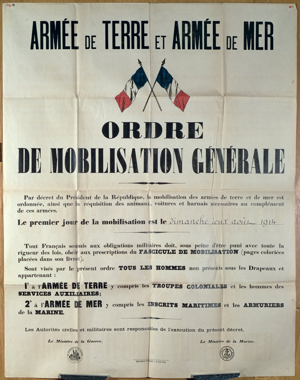 Affiche annonçant la mobilisation générale en France, 2 août 1914 par le Ministère de la Guerre et de la Marine - French School
